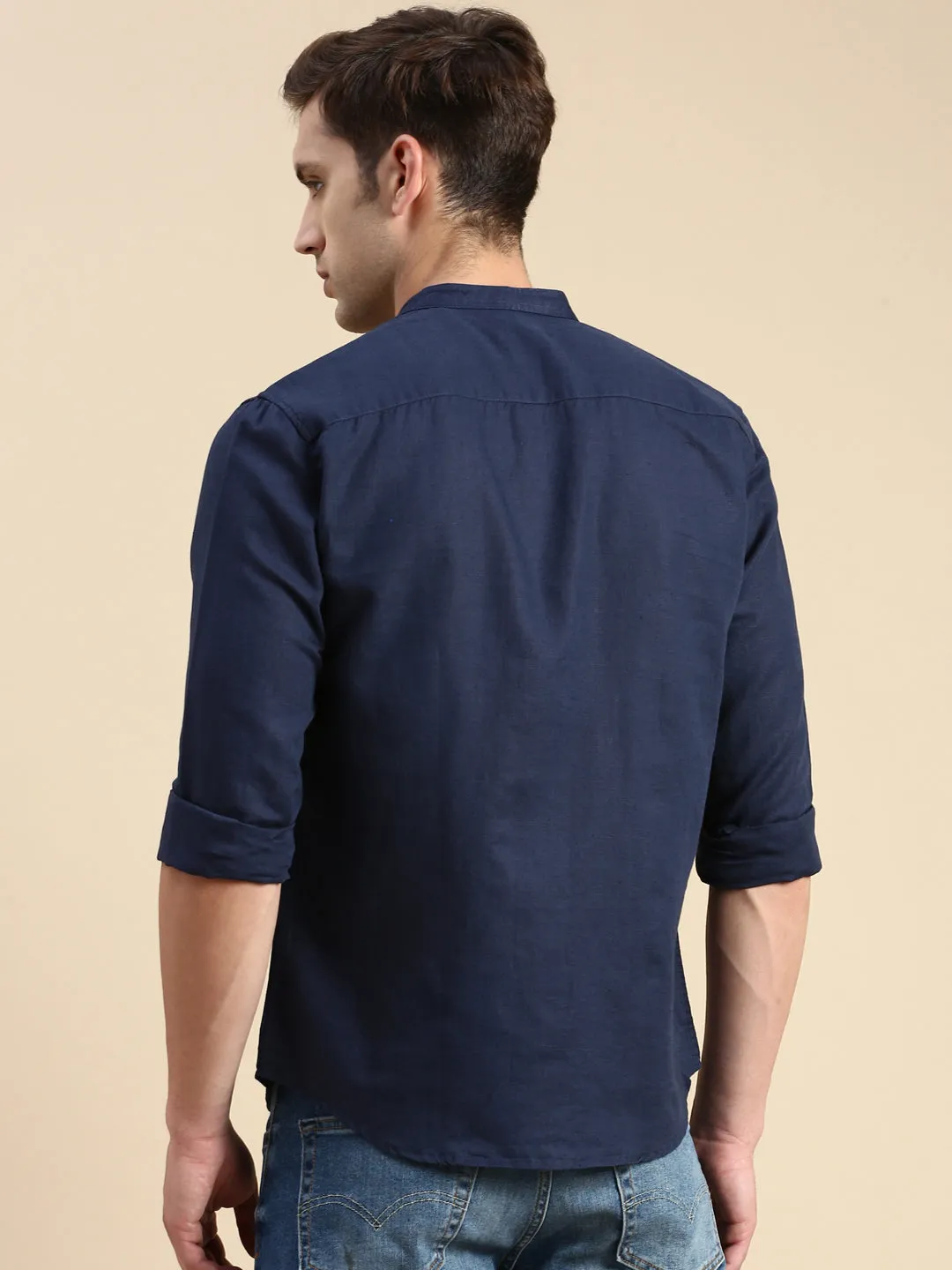 Men Navy Blue Cotton Linen Comfort Slim Fit Casual Shirt