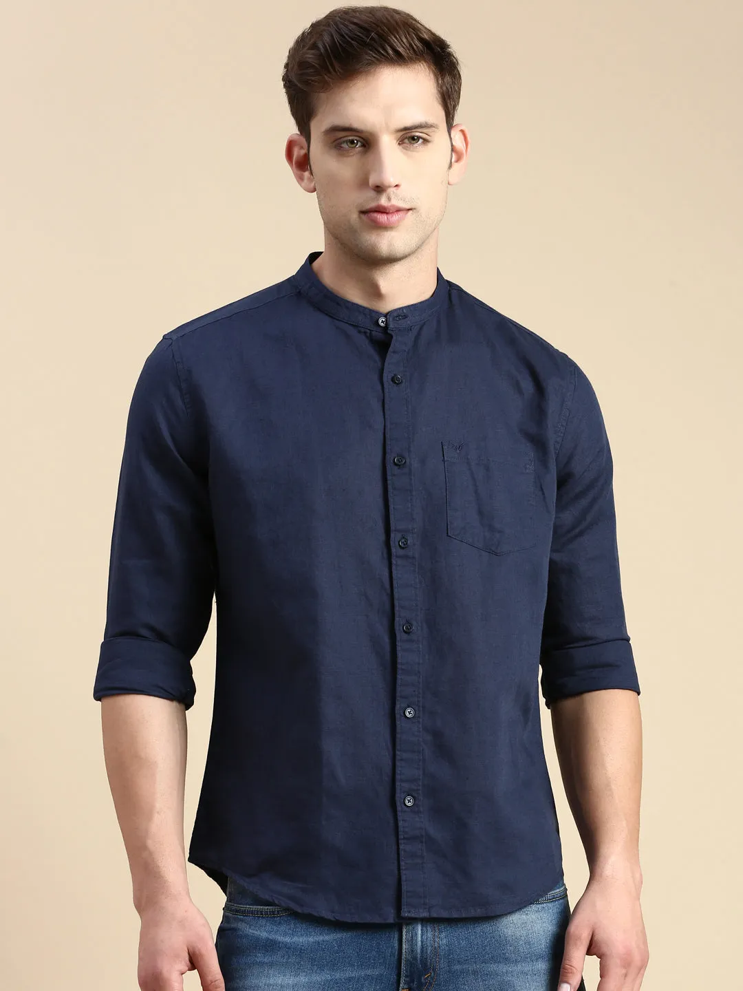 Men Navy Blue Cotton Linen Comfort Slim Fit Casual Shirt