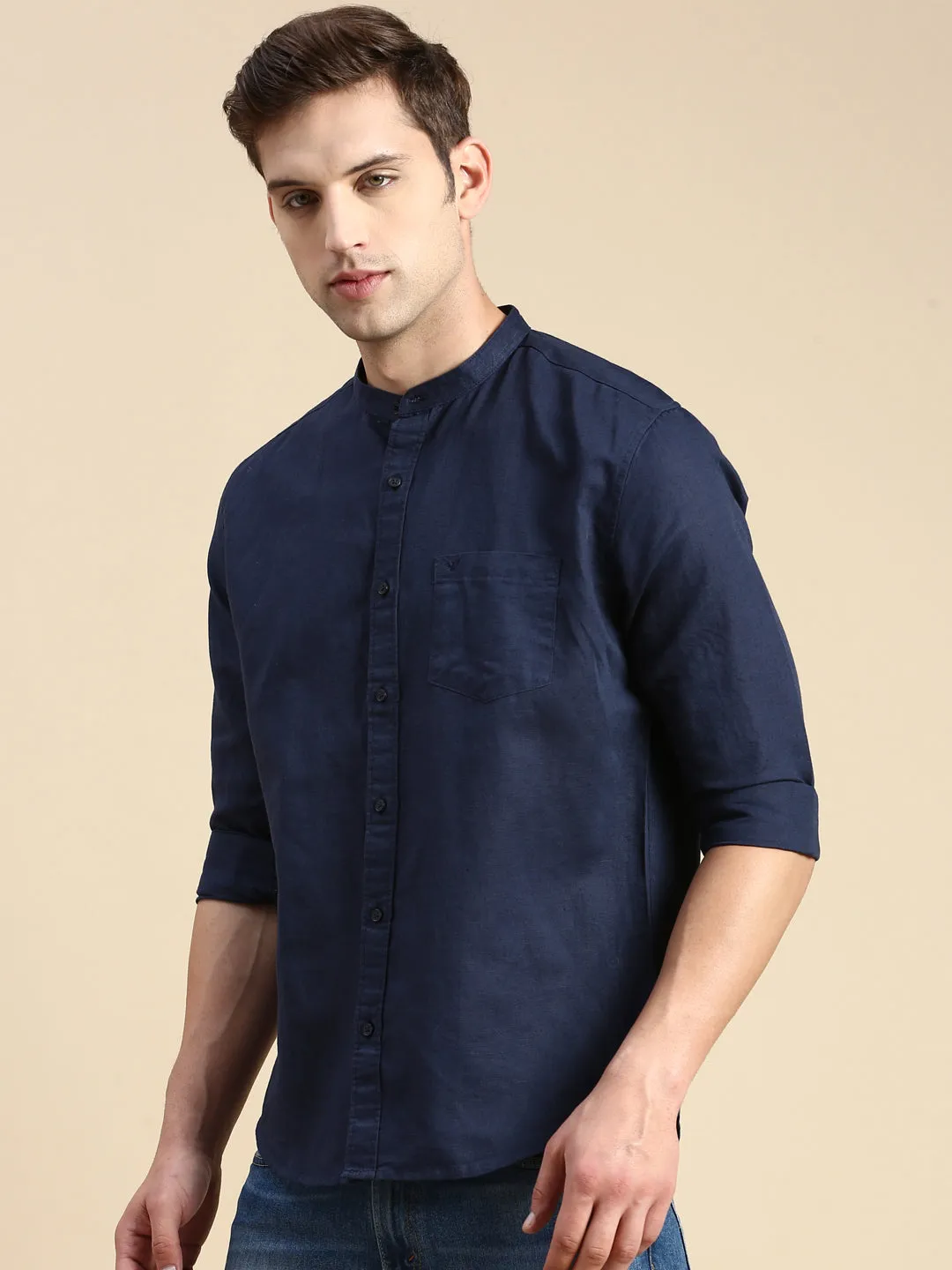 Men Navy Blue Cotton Linen Comfort Slim Fit Casual Shirt