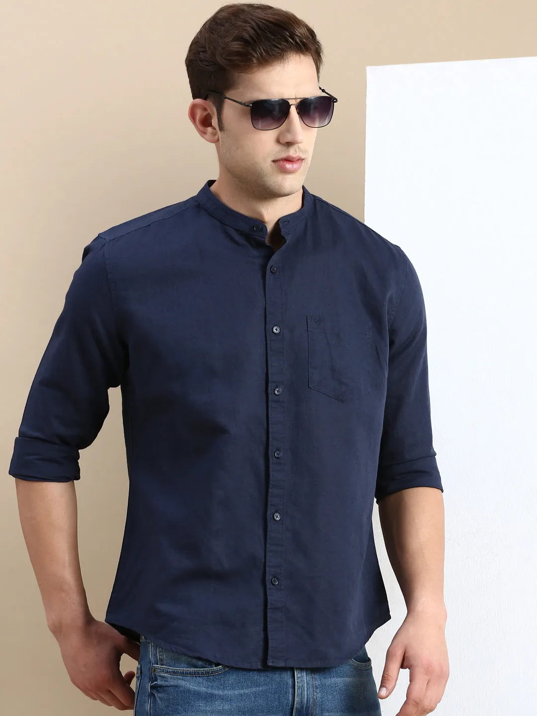 Men Navy Blue Cotton Linen Comfort Slim Fit Casual Shirt