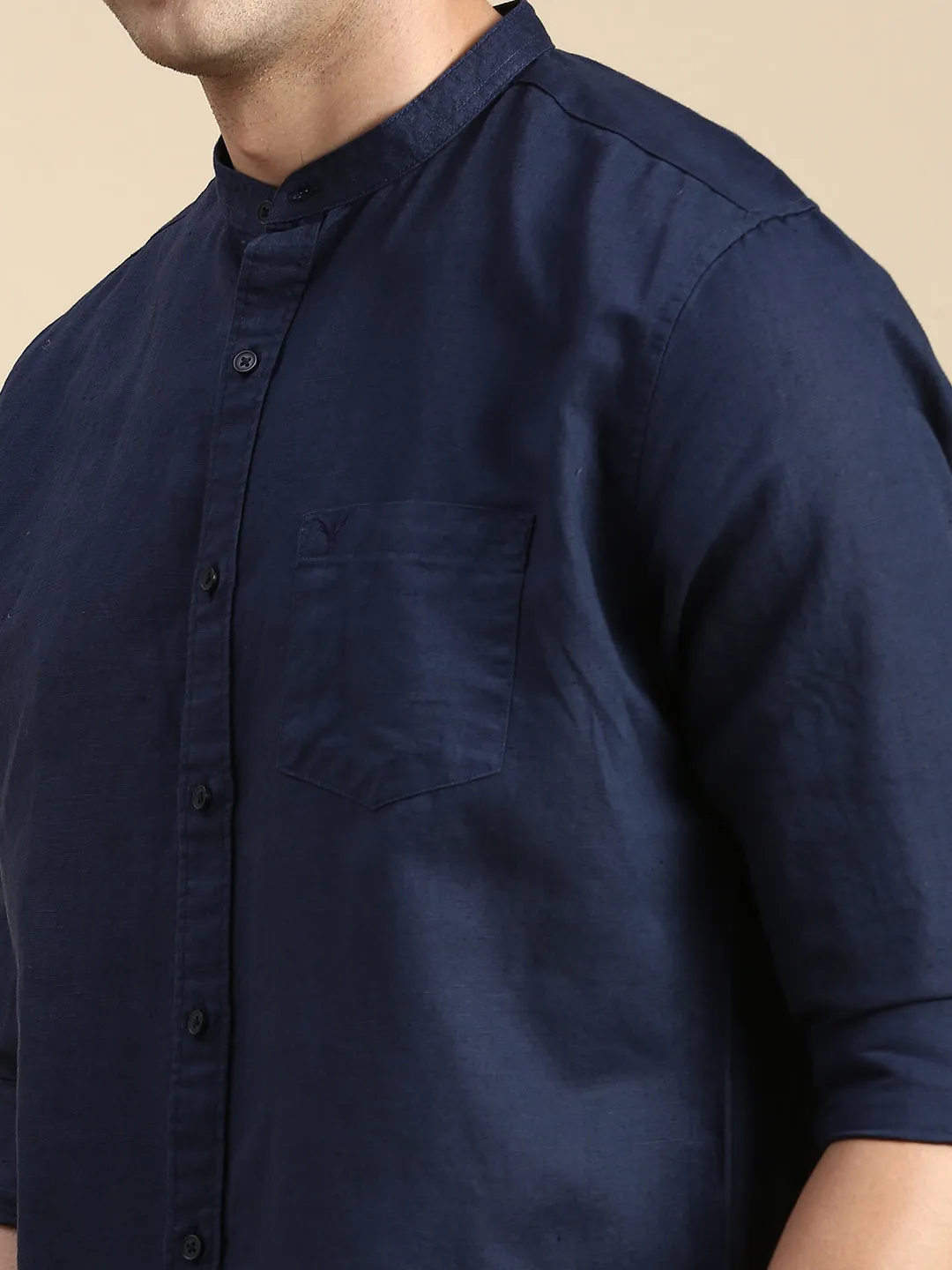 Men Navy Blue Cotton Linen Comfort Slim Fit Casual Shirt