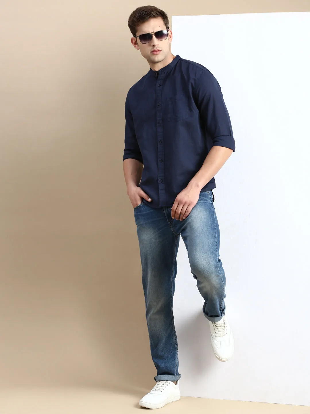 Men Navy Blue Cotton Linen Comfort Slim Fit Casual Shirt