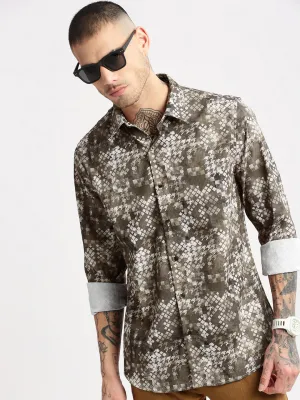 Men Olive Standard Slim Fit Abstract Printed Spread Collar Casual Shirt