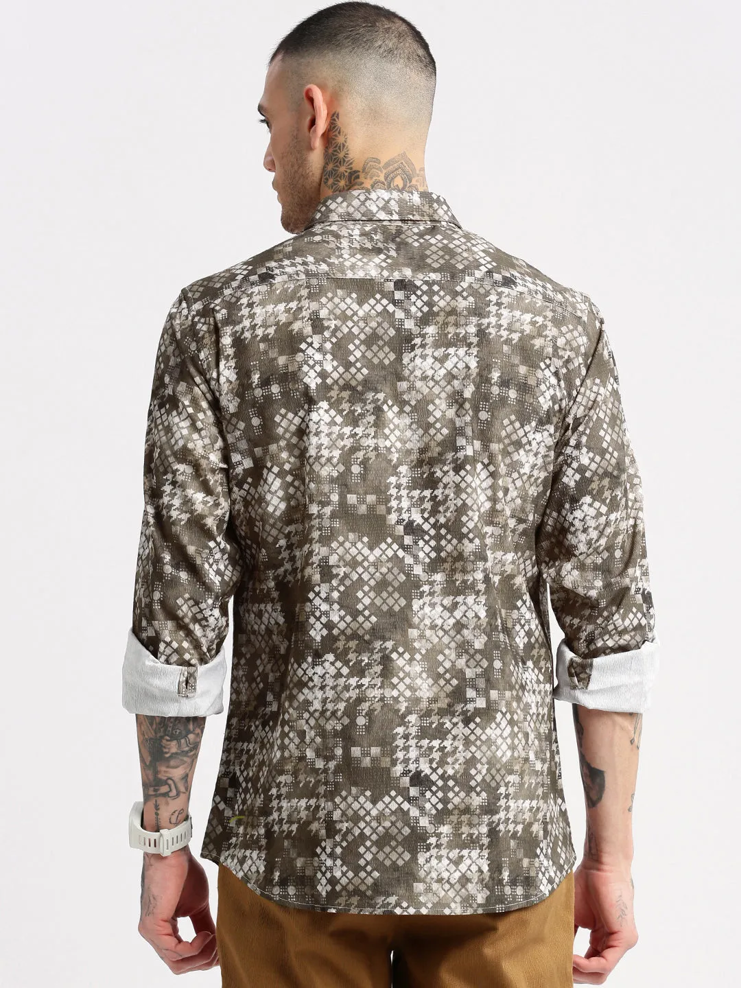 Men Olive Standard Slim Fit Abstract Printed Spread Collar Casual Shirt