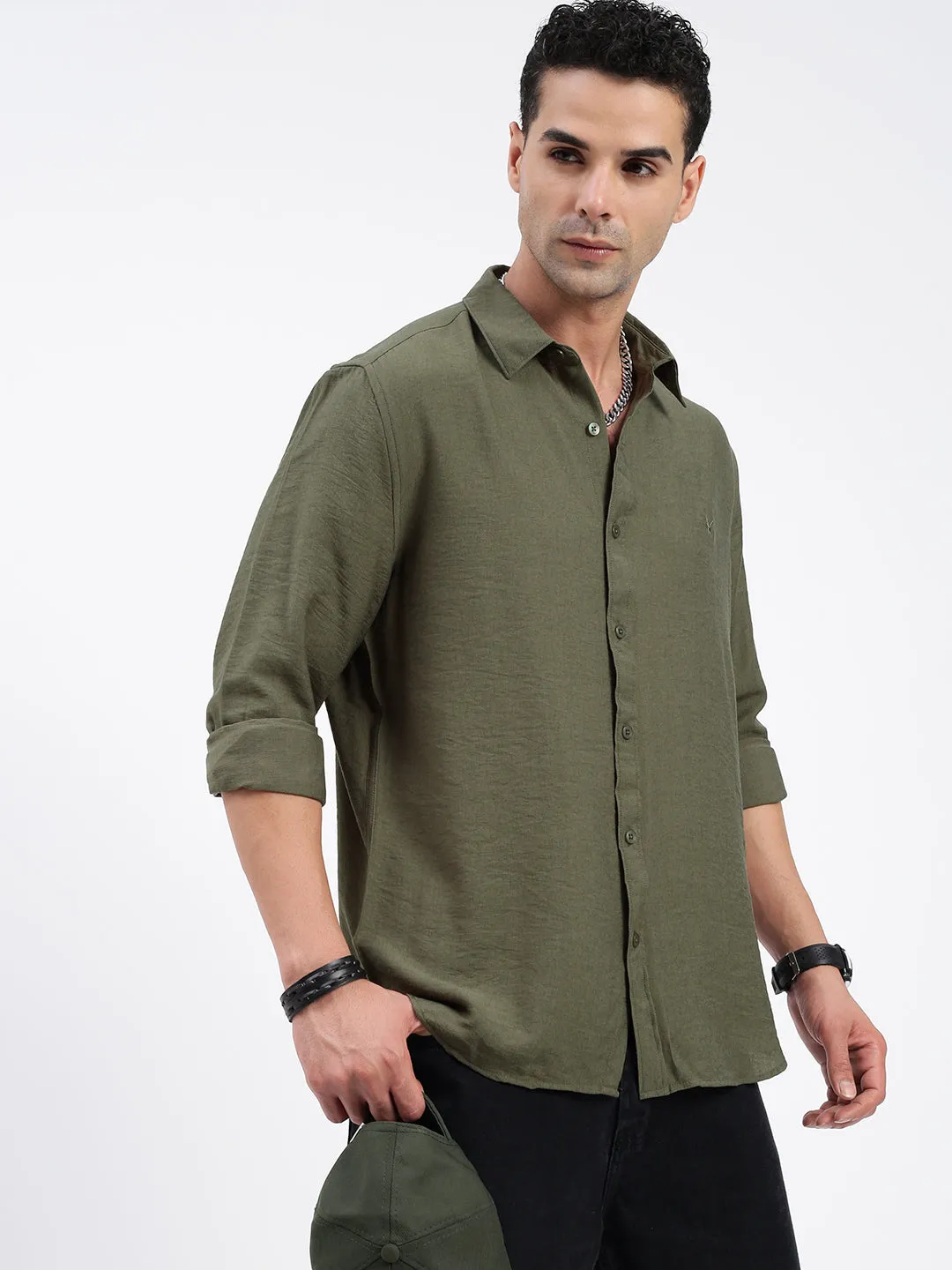 Men Olive Standard Spread Collar Solid Cotton Casual Shirt