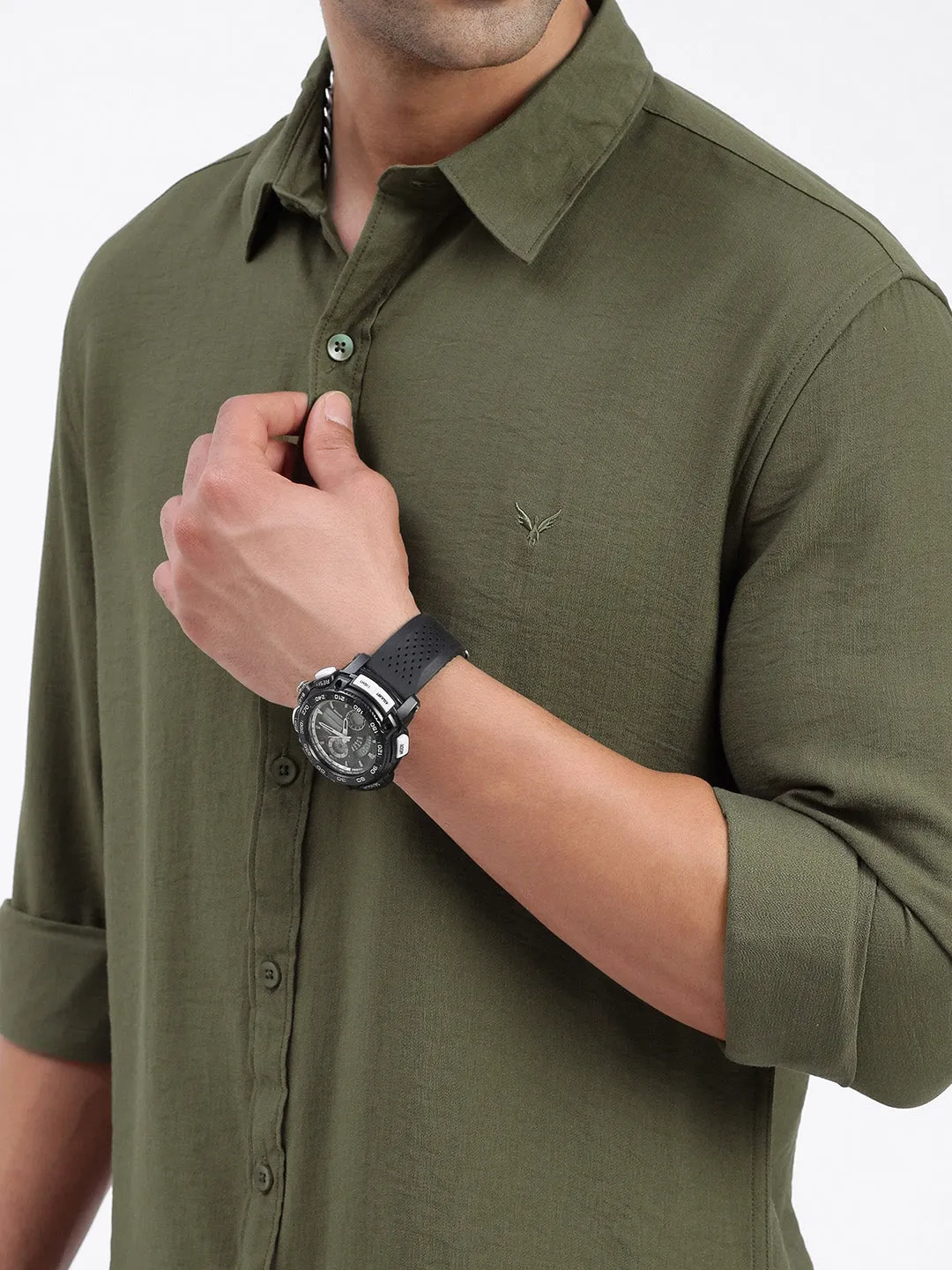 Men Olive Standard Spread Collar Solid Cotton Casual Shirt