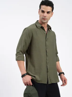 Men Olive Standard Spread Collar Solid Cotton Casual Shirt