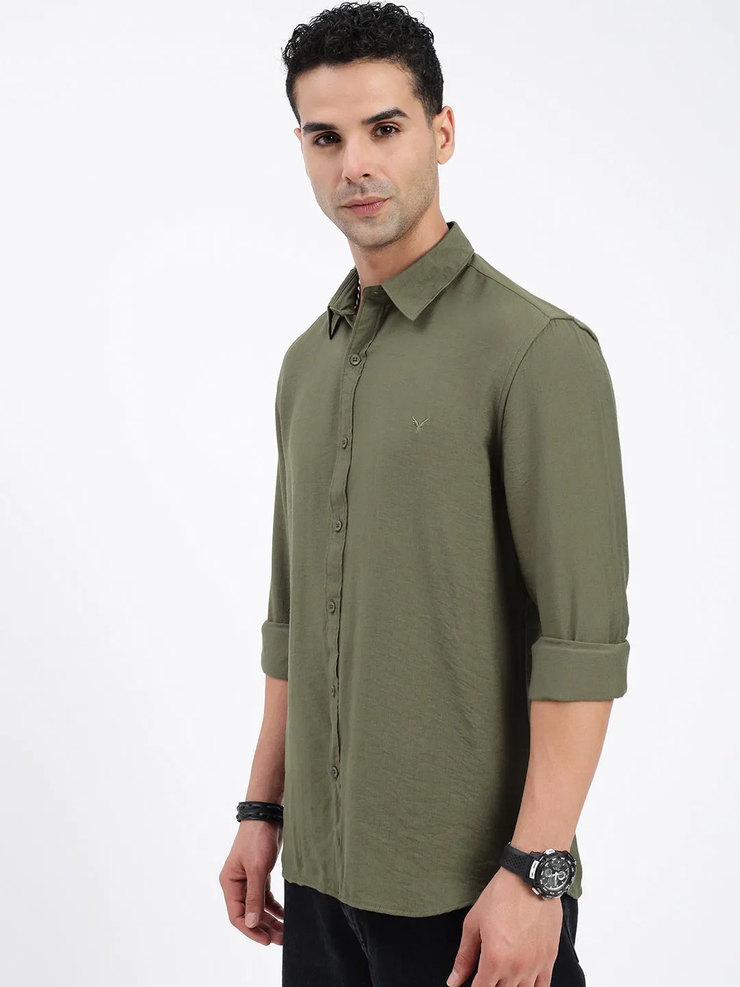 Men Olive Standard Spread Collar Solid Cotton Casual Shirt