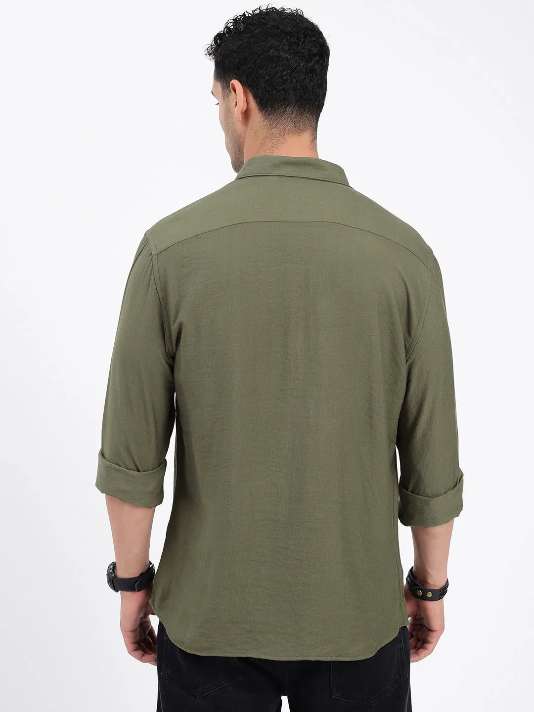 Men Olive Standard Spread Collar Solid Cotton Casual Shirt