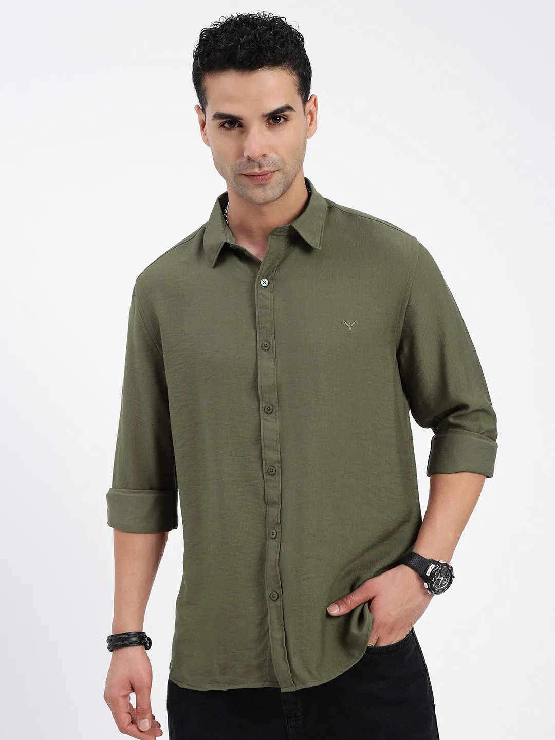 Men Olive Standard Spread Collar Solid Cotton Casual Shirt