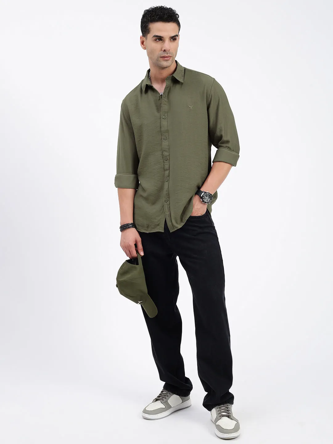 Men Olive Standard Spread Collar Solid Cotton Casual Shirt