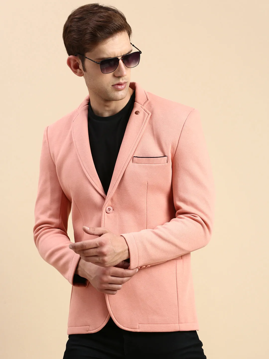 Men Peach Slim-Fit Single Breasted Blazer