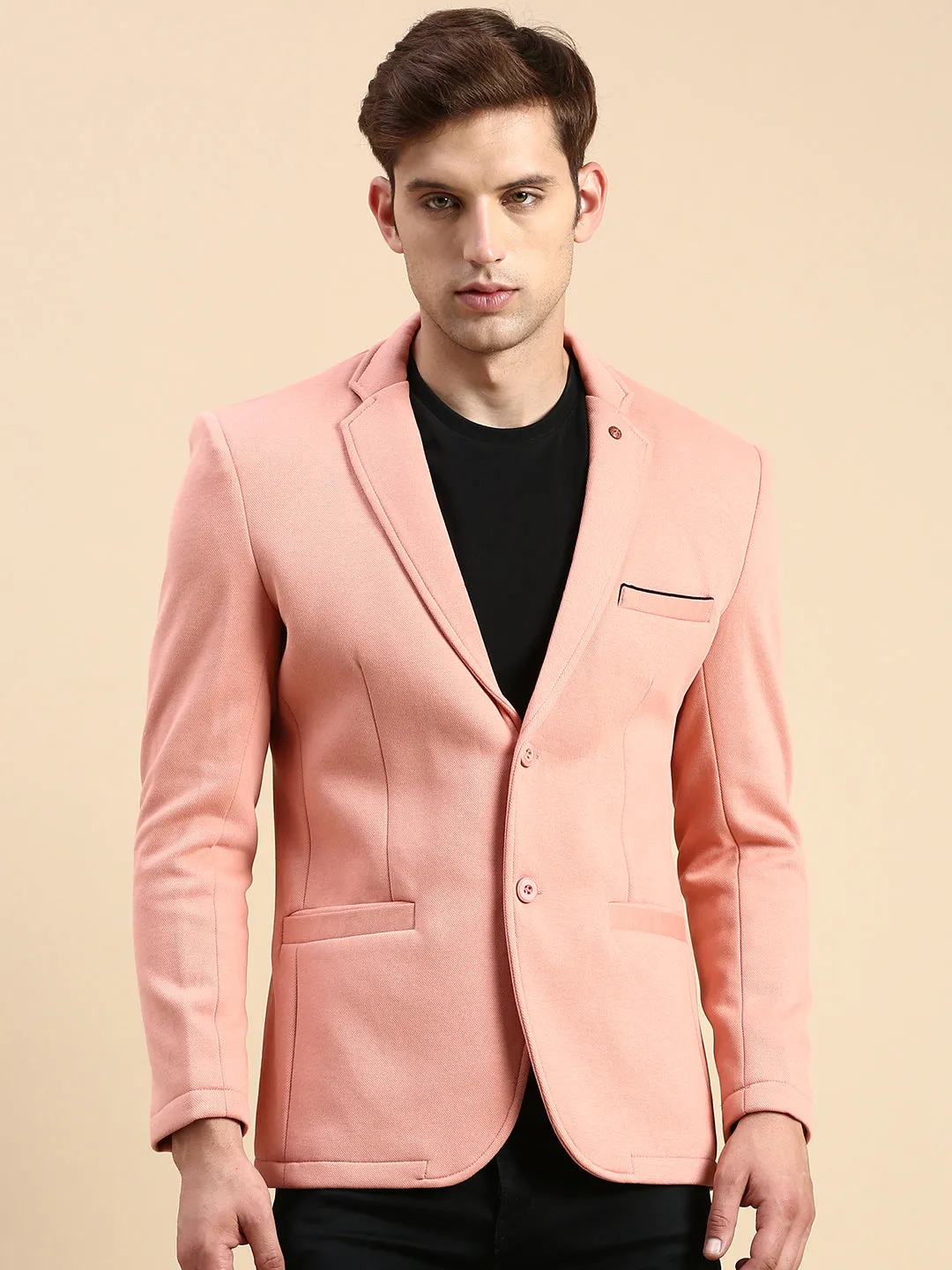 Men Peach Slim-Fit Single Breasted Blazer