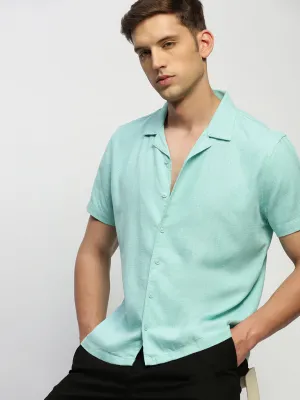 Men Sea Green Comfort Relaxed Fit Chambray Cotton Casual Shirt