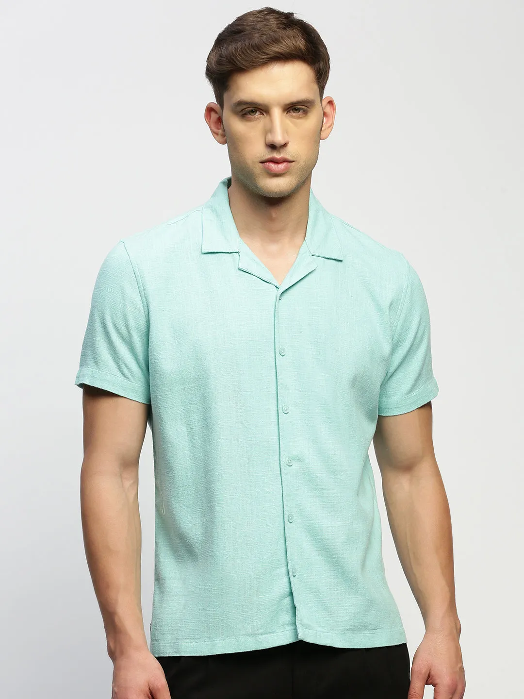 Men Sea Green Comfort Relaxed Fit Chambray Cotton Casual Shirt