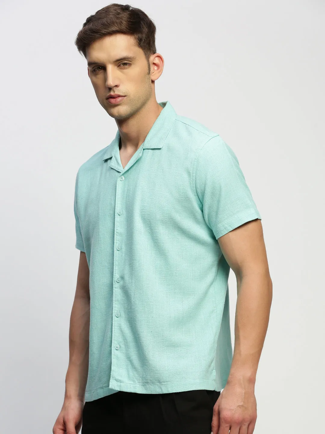 Men Sea Green Comfort Relaxed Fit Chambray Cotton Casual Shirt