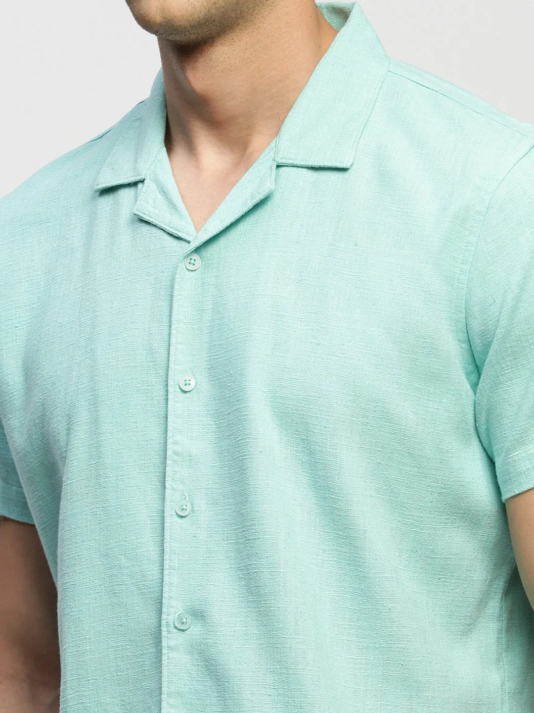 Men Sea Green Comfort Relaxed Fit Chambray Cotton Casual Shirt