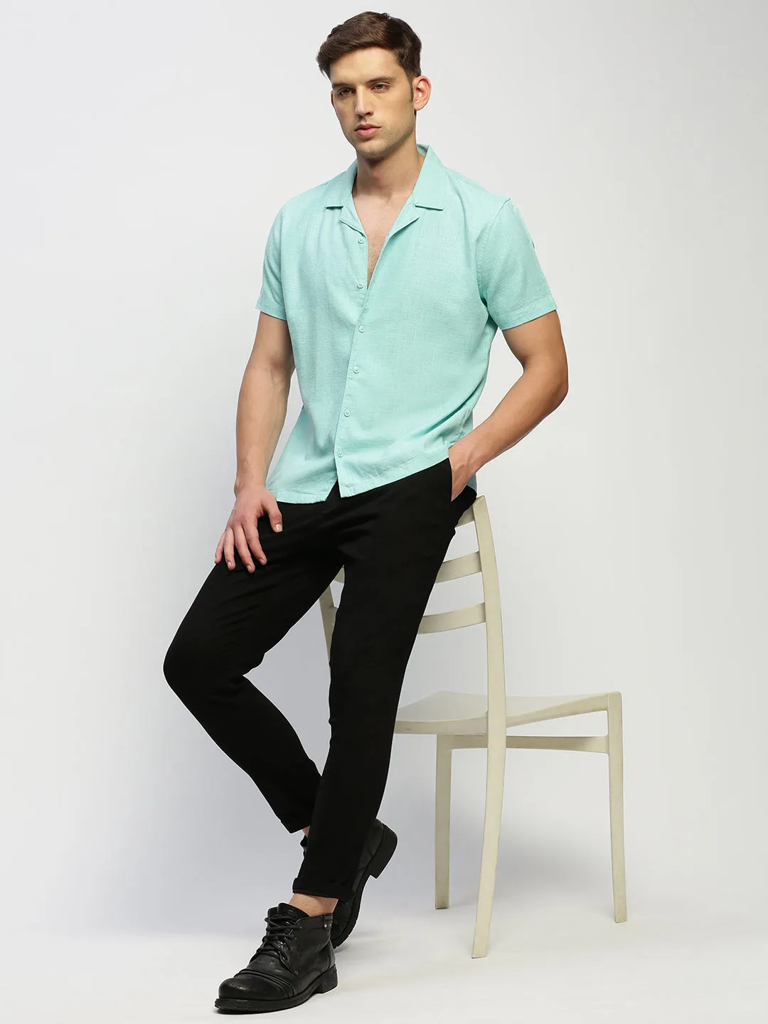 Men Sea Green Comfort Relaxed Fit Chambray Cotton Casual Shirt