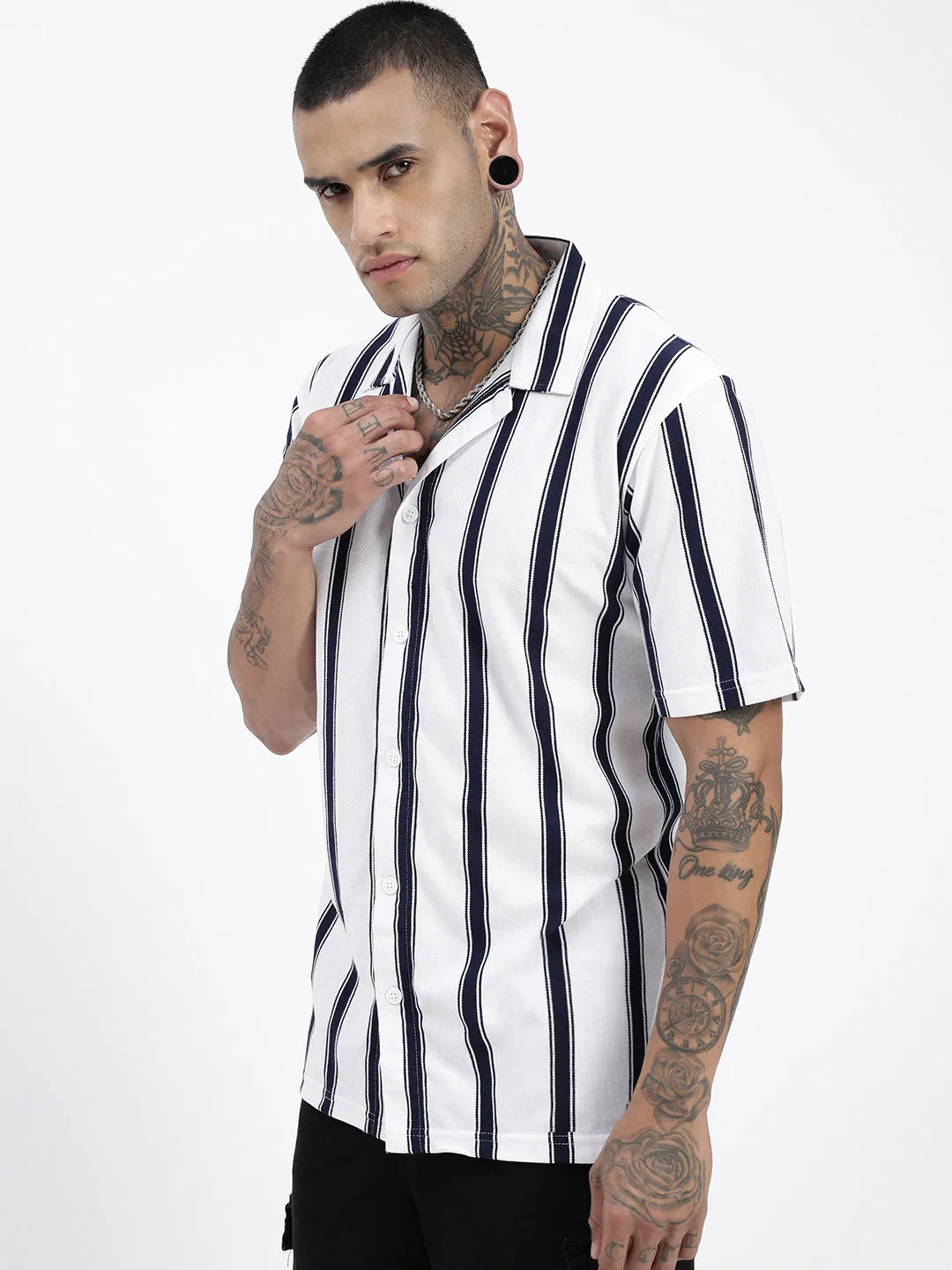 Men White Comfort Cuban Collar Vertical Striped Cotton Casual Shirt