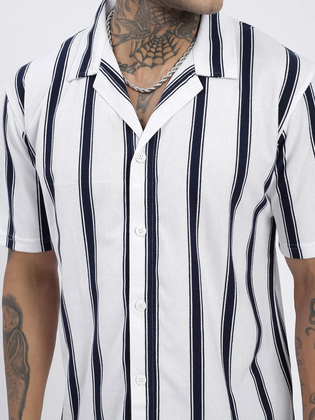 Men White Comfort Cuban Collar Vertical Striped Cotton Casual Shirt