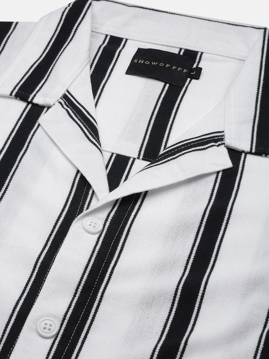 Men White Comfort Cuban Collar Vertical Striped Cotton Casual Shirt