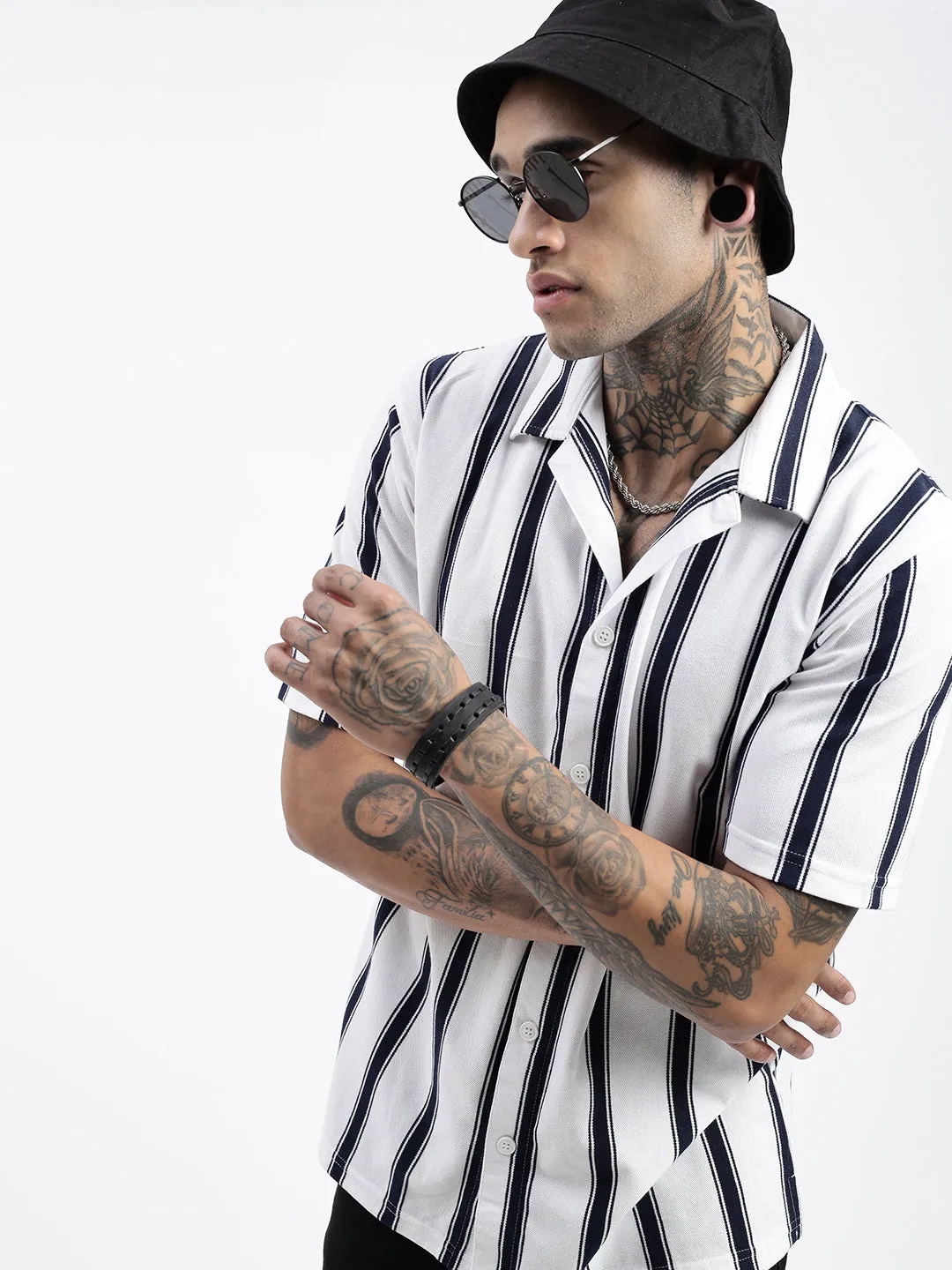 Men White Comfort Cuban Collar Vertical Striped Cotton Casual Shirt