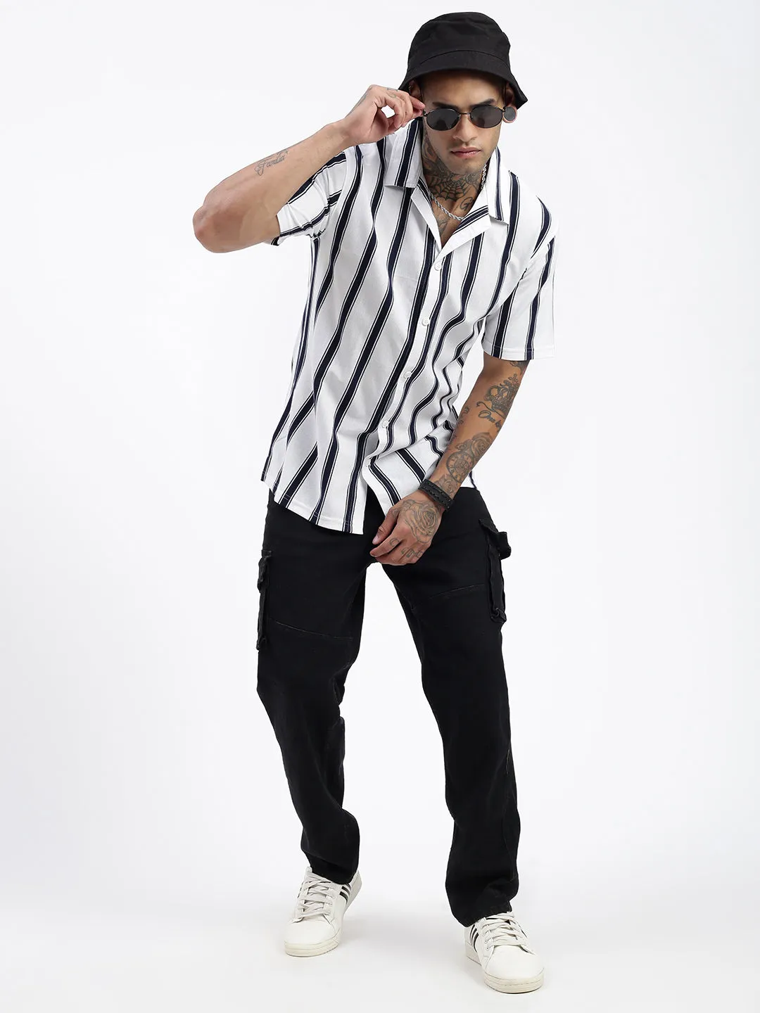 Men White Comfort Cuban Collar Vertical Striped Cotton Casual Shirt