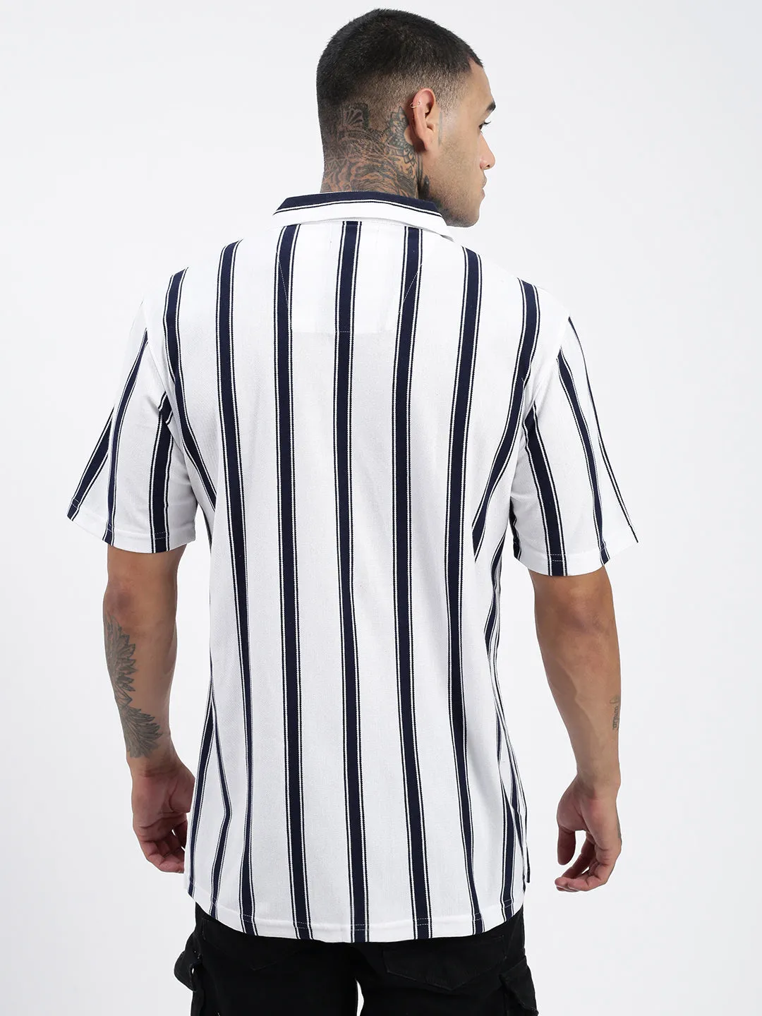 Men White Comfort Cuban Collar Vertical Striped Cotton Casual Shirt