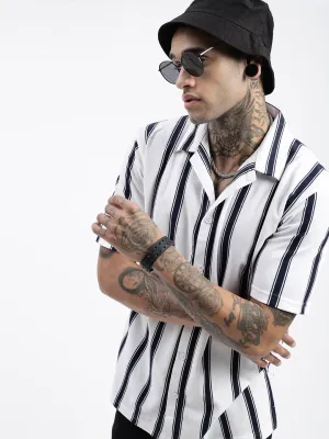Men White Comfort Cuban Collar Vertical Striped Cotton Casual Shirt
