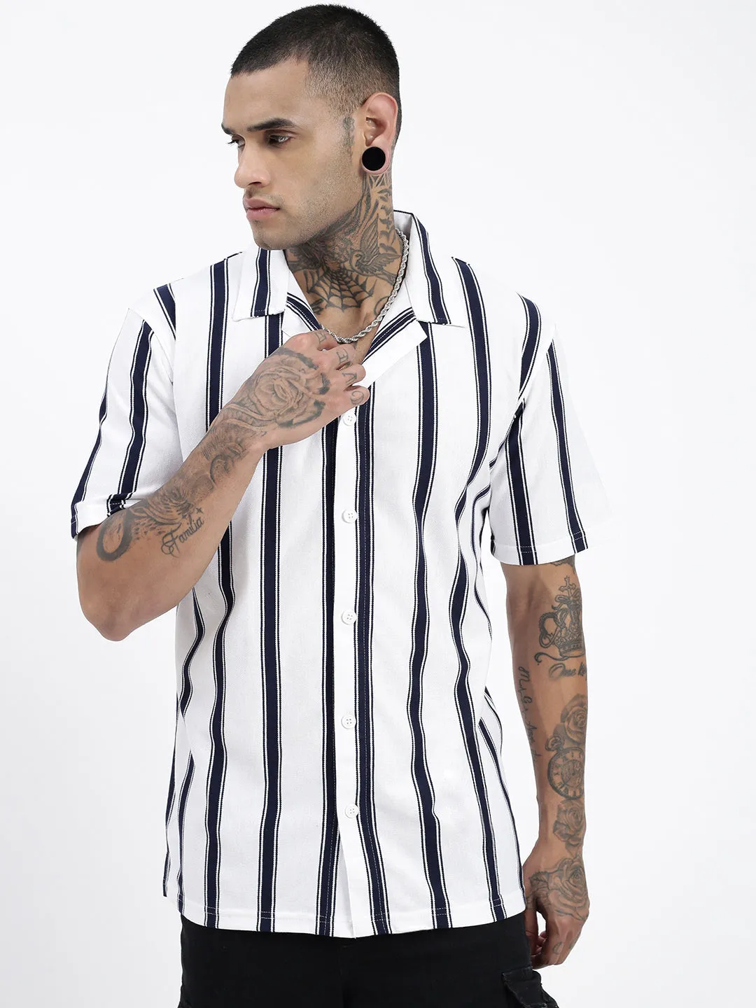 Men White Comfort Cuban Collar Vertical Striped Cotton Casual Shirt