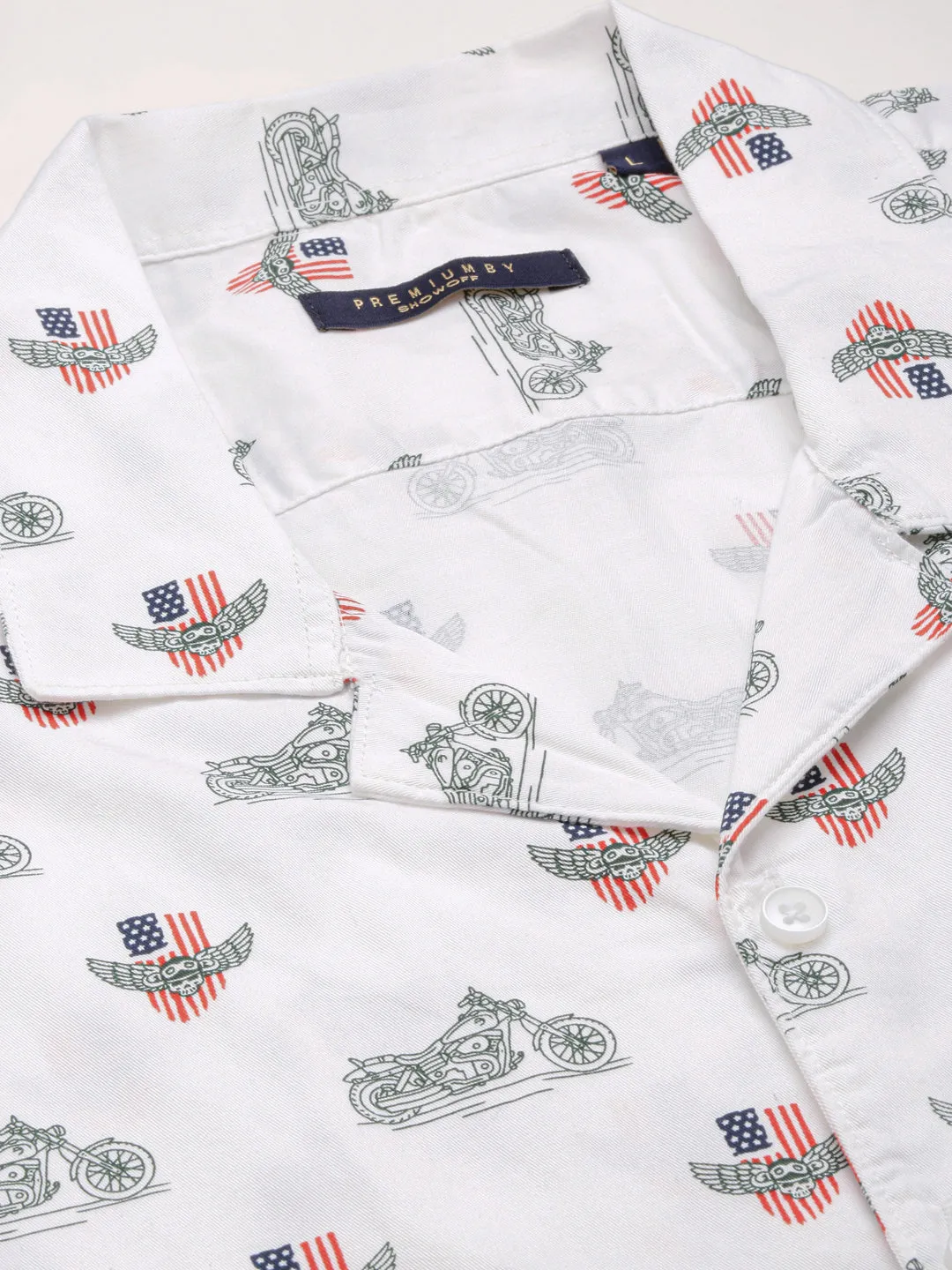 Men White Conversational Printed Cuban Collar Casual Shirt