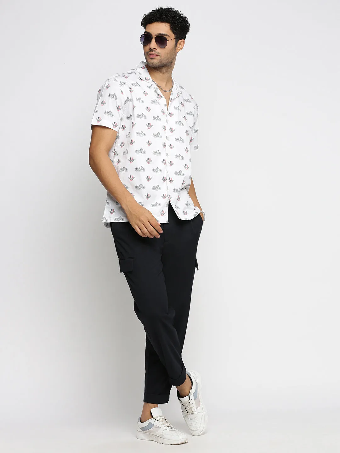 Men White Conversational Printed Cuban Collar Casual Shirt