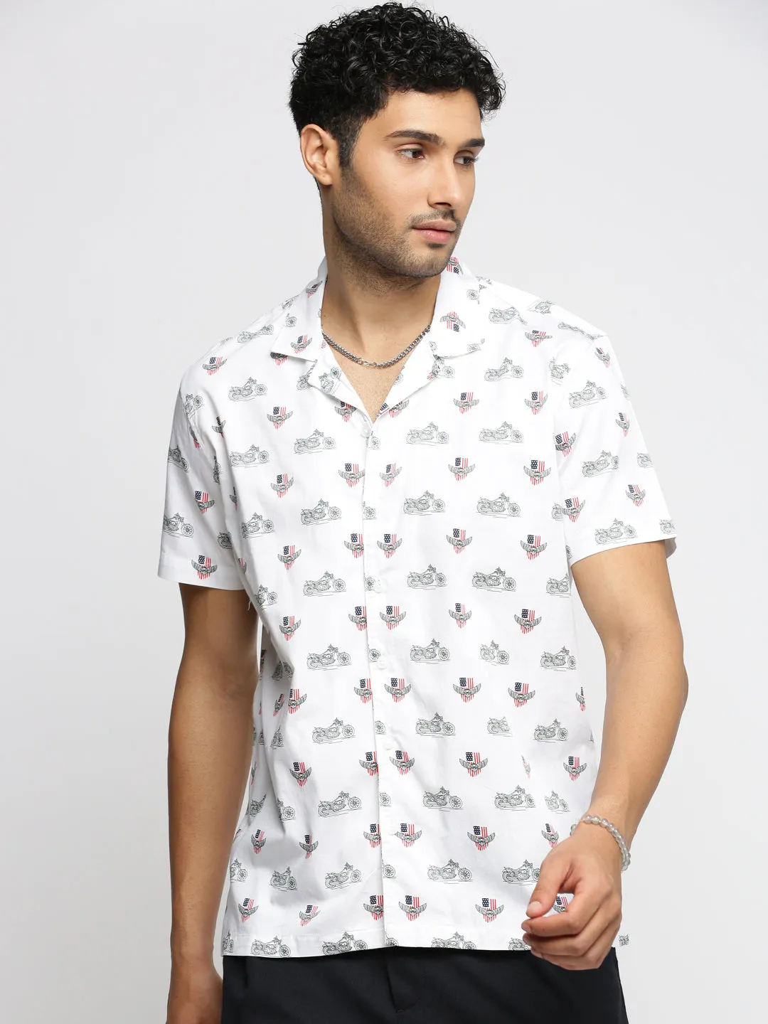 Men White Conversational Printed Cuban Collar Casual Shirt
