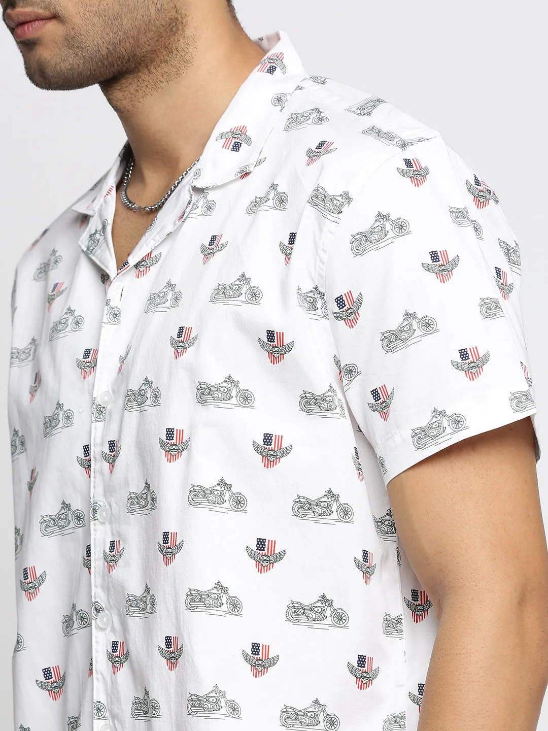 Men White Conversational Printed Cuban Collar Casual Shirt