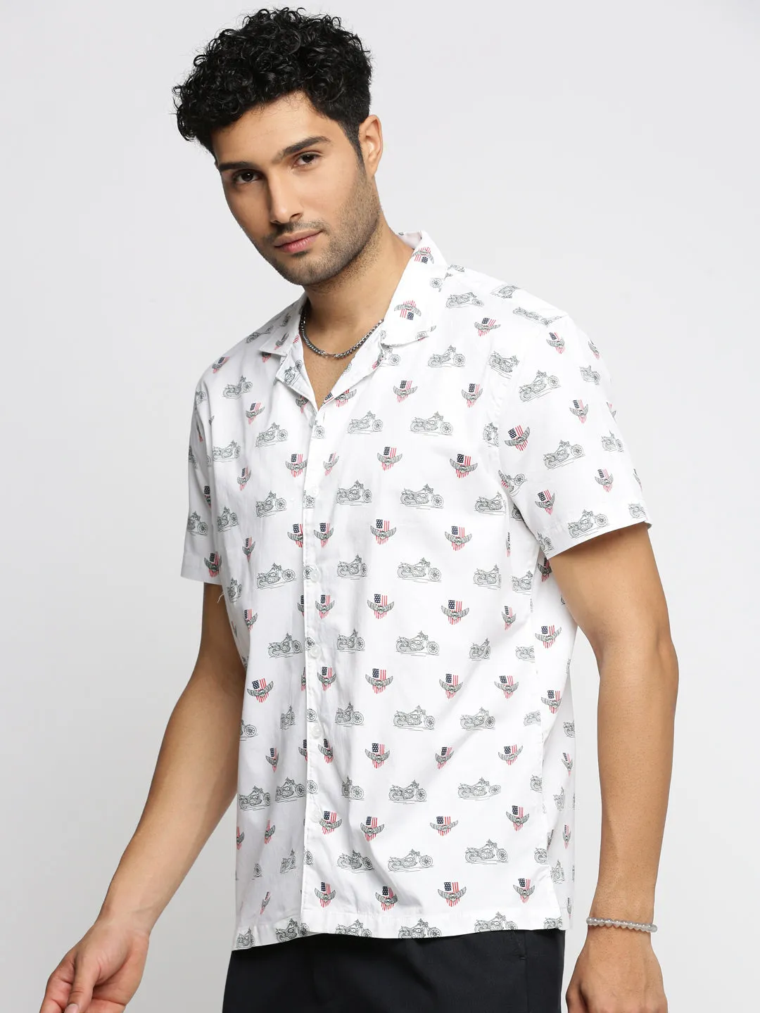 Men White Conversational Printed Cuban Collar Casual Shirt