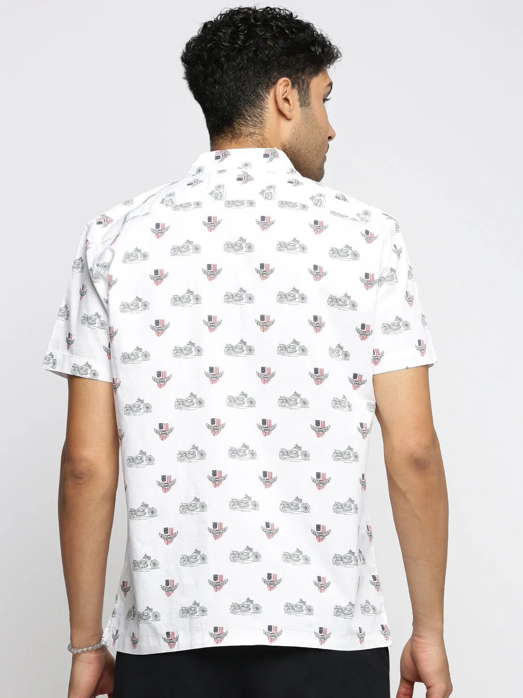 Men White Conversational Printed Cuban Collar Casual Shirt
