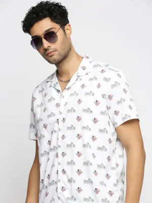 Men White Conversational Printed Cuban Collar Casual Shirt