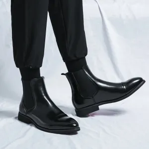 Mens Leather Boots  Ankle Length  Sleek Fit  Cap Toe  Slip-On Chelsea Style
