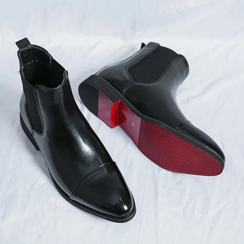 Mens Leather Boots  Ankle Length  Sleek Fit  Cap Toe  Slip-On Chelsea Style