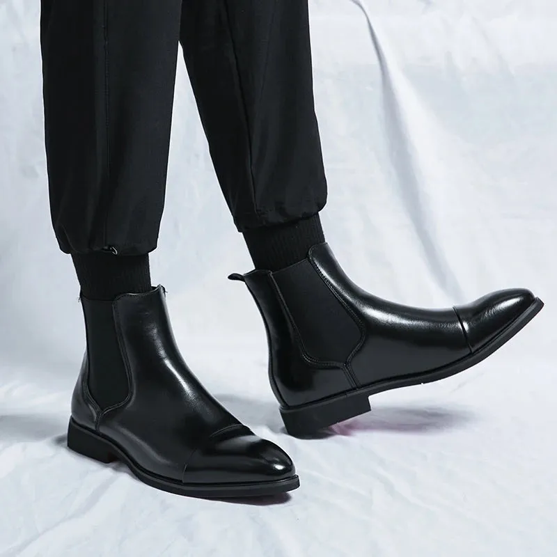 Mens Leather Boots  Ankle Length  Sleek Fit  Cap Toe  Slip-On Chelsea Style