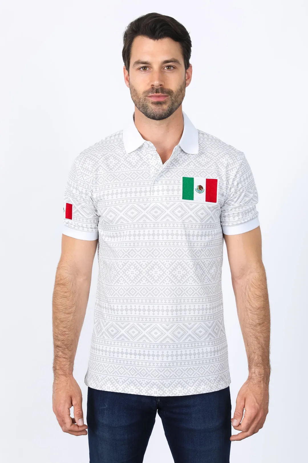 Mens Modern Fit Stretch MEXICO Cotton Polo with Aztec Print from Platini Fashion