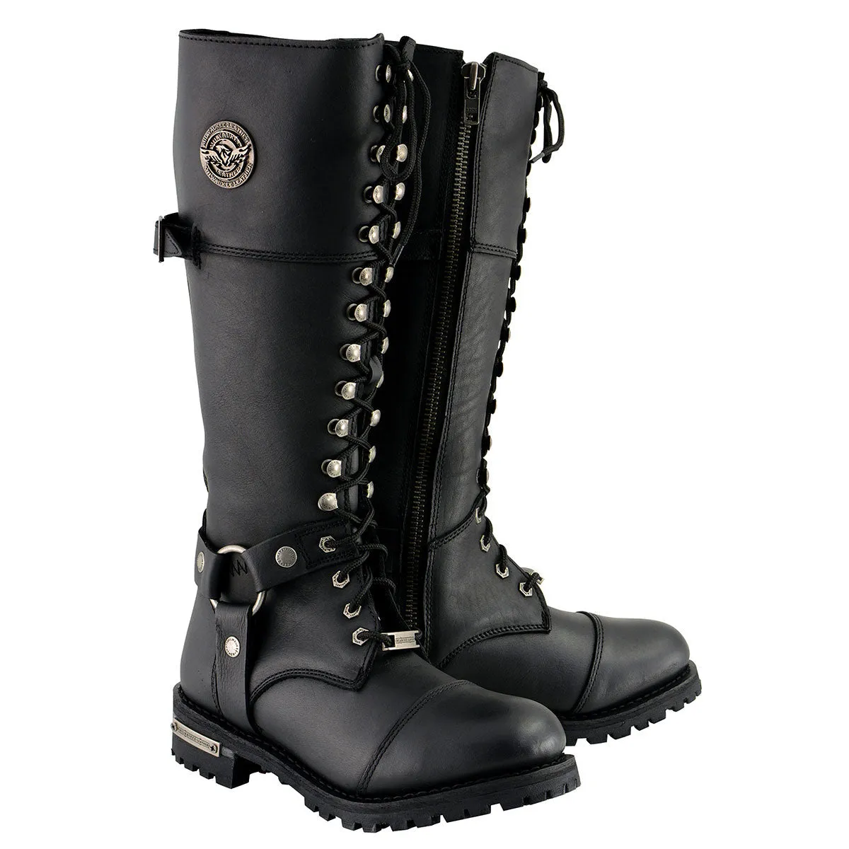 Milwaukee Leather MBL9390 Womens Black 16-inch Lace-Up Front Cap Toe Riding Leather Boots