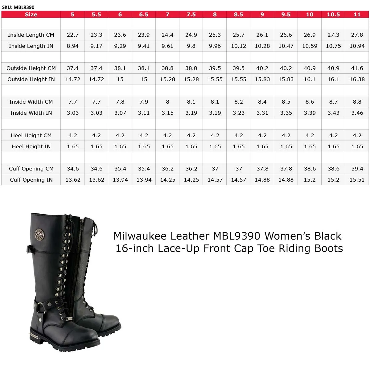 Milwaukee Leather MBL9390 Womens Black 16-inch Lace-Up Front Cap Toe Riding Leather Boots