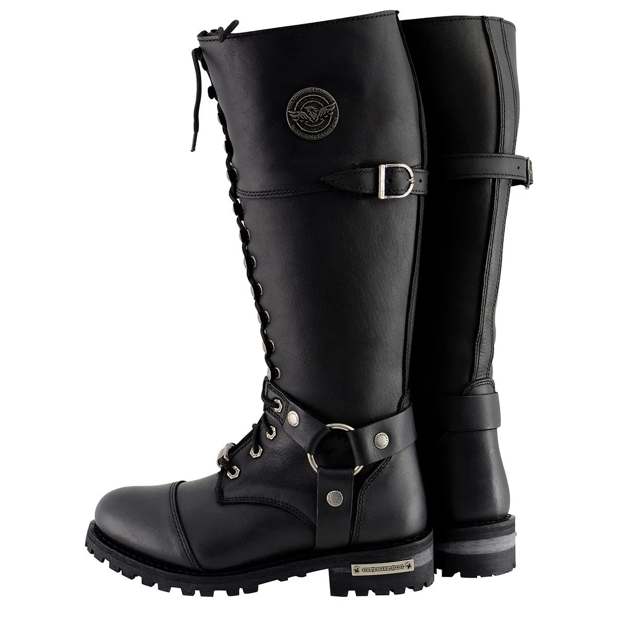 Milwaukee Leather MBL9390 Womens Black 16-inch Lace-Up Front Cap Toe Riding Leather Boots