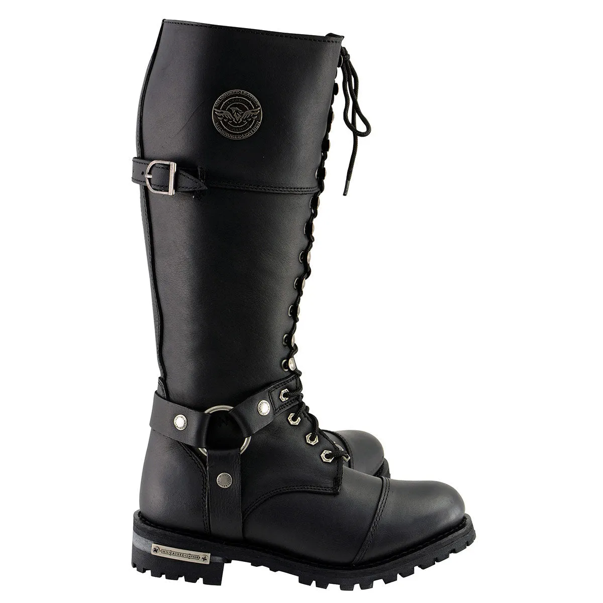 Milwaukee Leather MBL9390 Womens Black 16-inch Lace-Up Front Cap Toe Riding Leather Boots