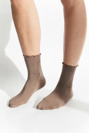 Molly Ruffled Ankle Sock - Brown