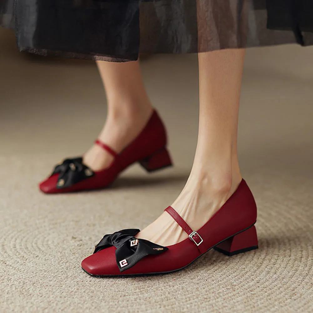 SQUARE TOE MID HEEL MARY JANE SHOES with BOW