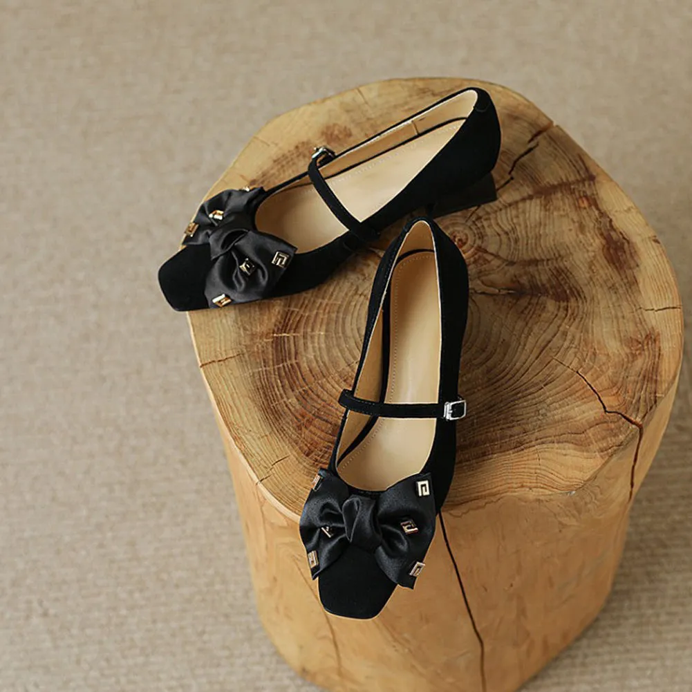 SQUARE TOE MID HEEL MARY JANE SHOES with BOW