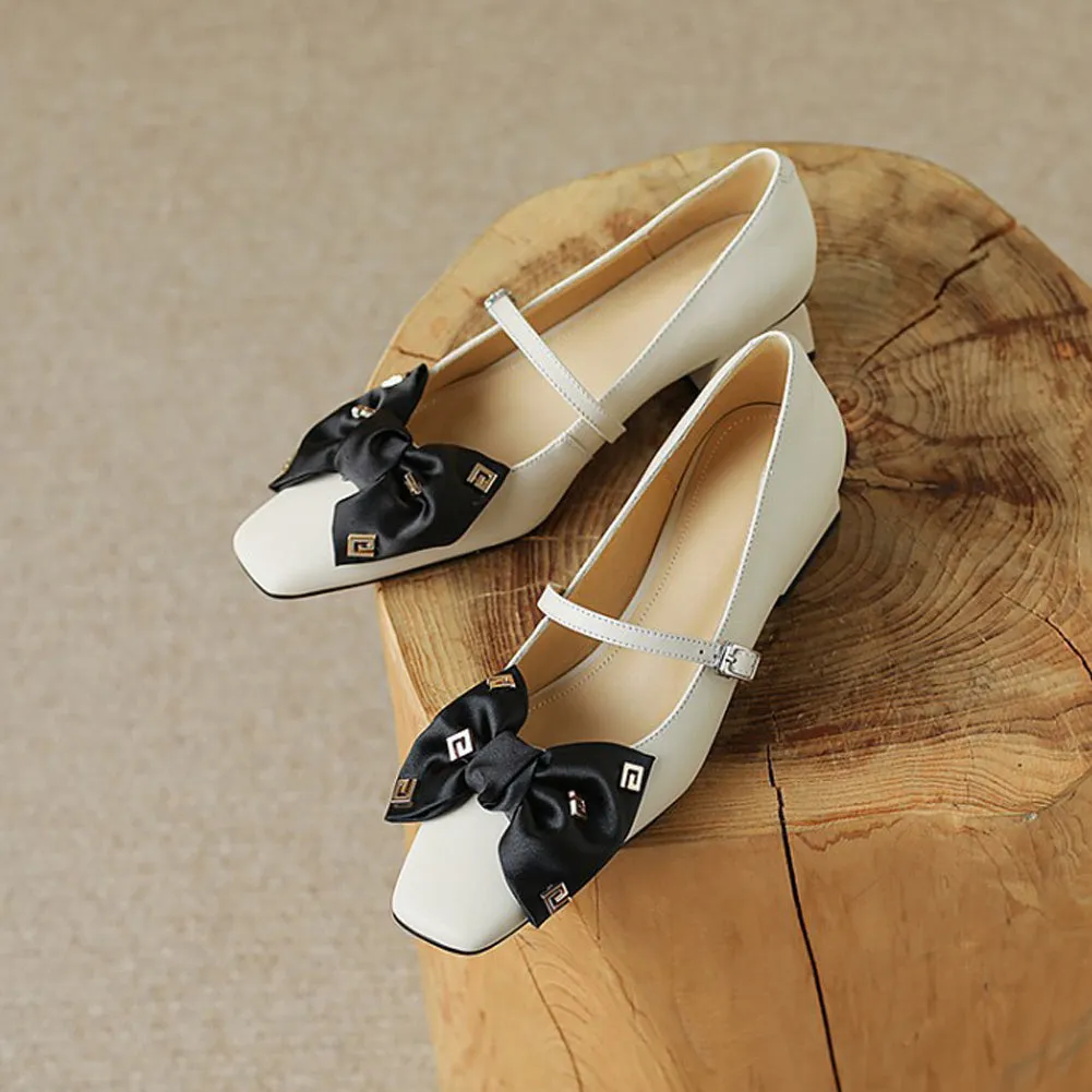 SQUARE TOE MID HEEL MARY JANE SHOES with BOW