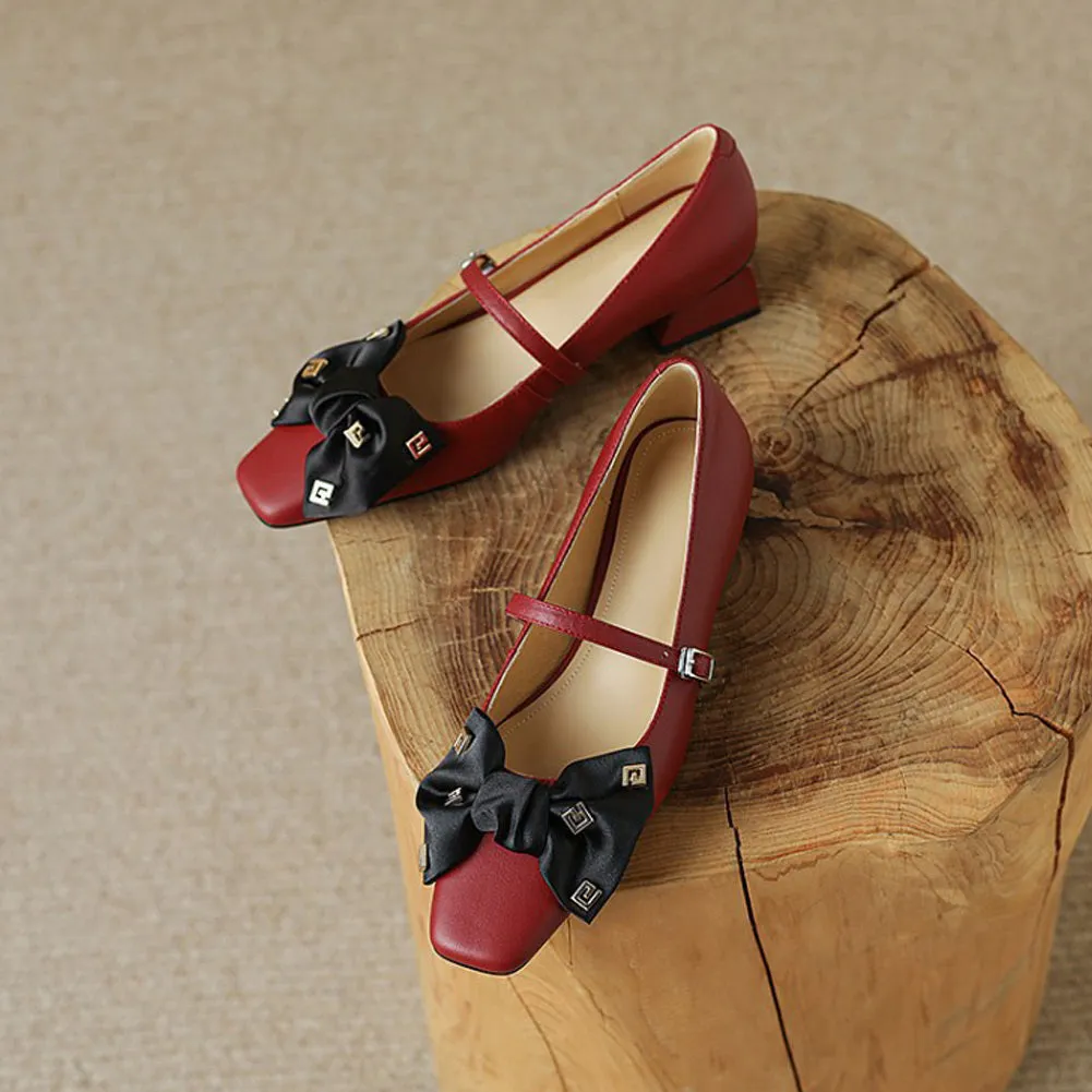 SQUARE TOE MID HEEL MARY JANE SHOES with BOW